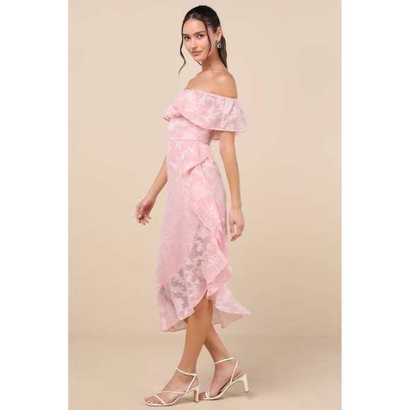 Lulus Pretty Perfect Blush Pink Burnout Floral Off-the-Shoulder Midi Dress XL - Picture 2 of 4